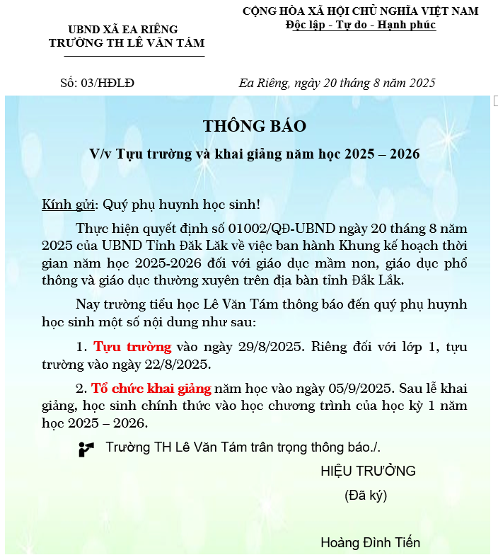 Thông báo lịch tựu trường và lịch khai giảng năm học 2025 – 2026